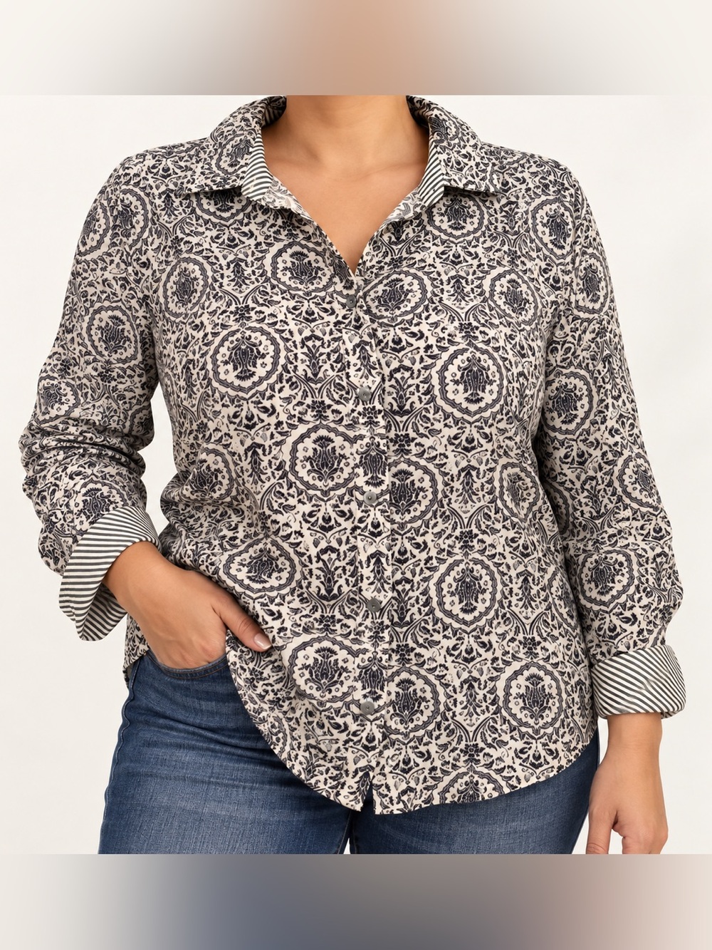 Talbots Black & White Printed Button-Front Long Sleeves Collared Shirt Size 14